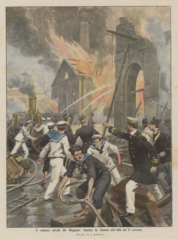 Verftet til Muggiano (Spezia) i flammer i morgengryet av det 13. av Achille Beltrame