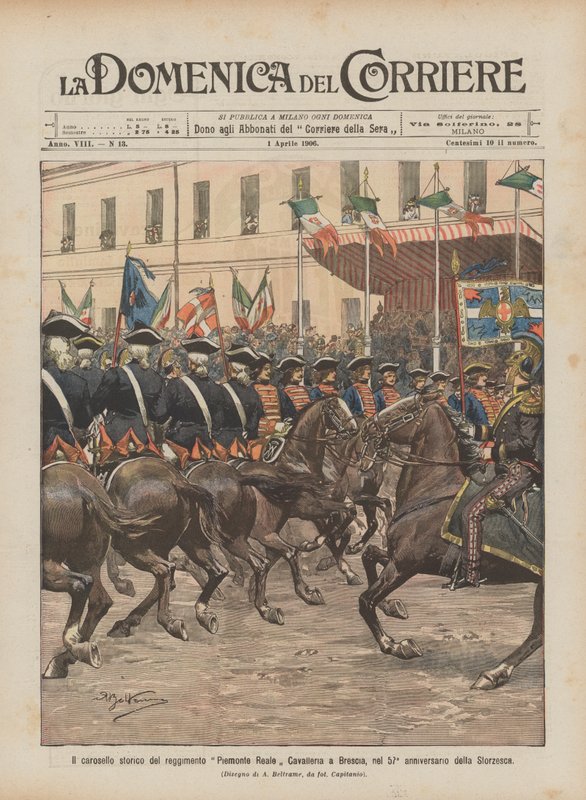 Den historiske karusellen til Piemonte Reale Cavalleria-regimentet i Brescia, på 57-årsjubileet for Storzesca av Achille Beltrame