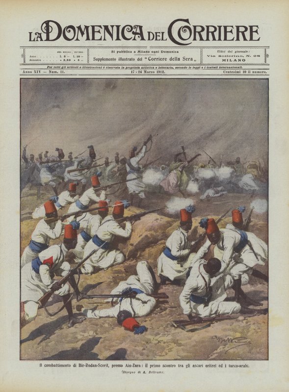 Kampen til Bir-Rodan-Scerif, nær Ain-Zara, det første sammenstøtet mellom den eritreiske askari og tyrkisk-araberne av Achille Beltrame