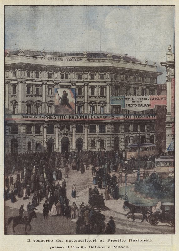Konkurransen av abonnenter på det nasjonale lånet på Credito Italiano i Milano av Achille Beltrame