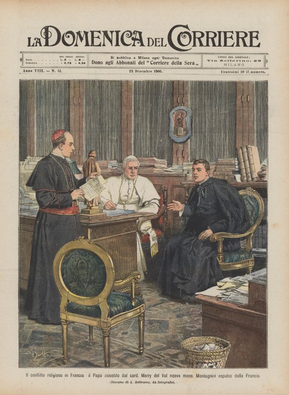 Den religiøse konflikten i Frankrike, Paven assistert av Card, Merry del Val mottar Msgr? av Achille Beltrame