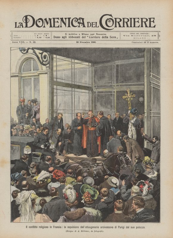 Den religiøse konflikten i Frankrike, utvisningen av den åtteårige erkebiskopen av Paris fra palasset hans av Achille Beltrame