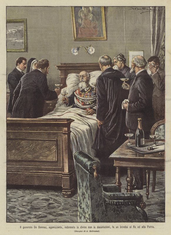 General De Sonnaz, i smerte, iført uniformen med dekorasjonene, skåler for kongen og for fedrelandet av Achille Beltrame
