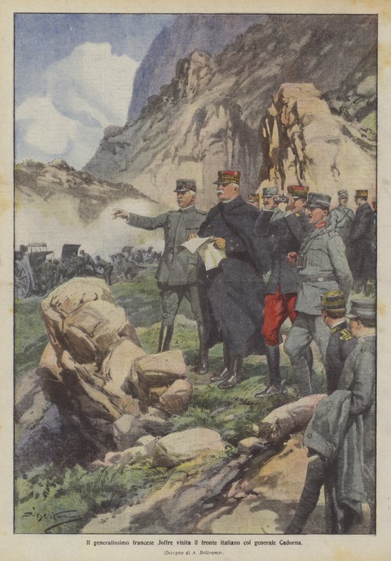 Den franske generalissimoen Joffre besøker den italienske fronten sammen med general Cadorna av Achille Beltrame