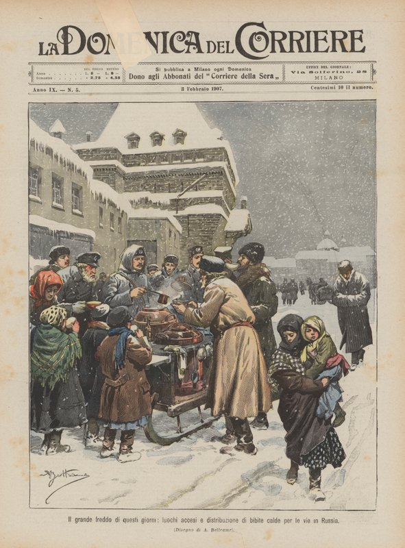 Den store kulden i disse dager, bål tent og utdeling av varm drikke på gatene i Russland av Achille Beltrame