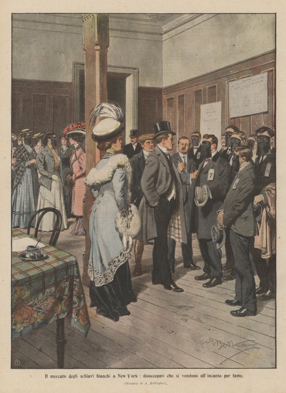 Det hvite slavemarkedet i New York, arbeidsledige som selger seg selv på auksjon for sult (farge litho) av Achille Beltrame