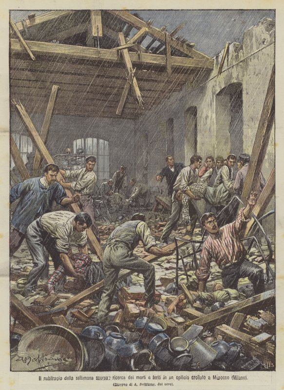 Forrige ukes storm, søk etter døde og skadde i en kollapset fabrikk i Musocco (Milano) av Achille Beltrame