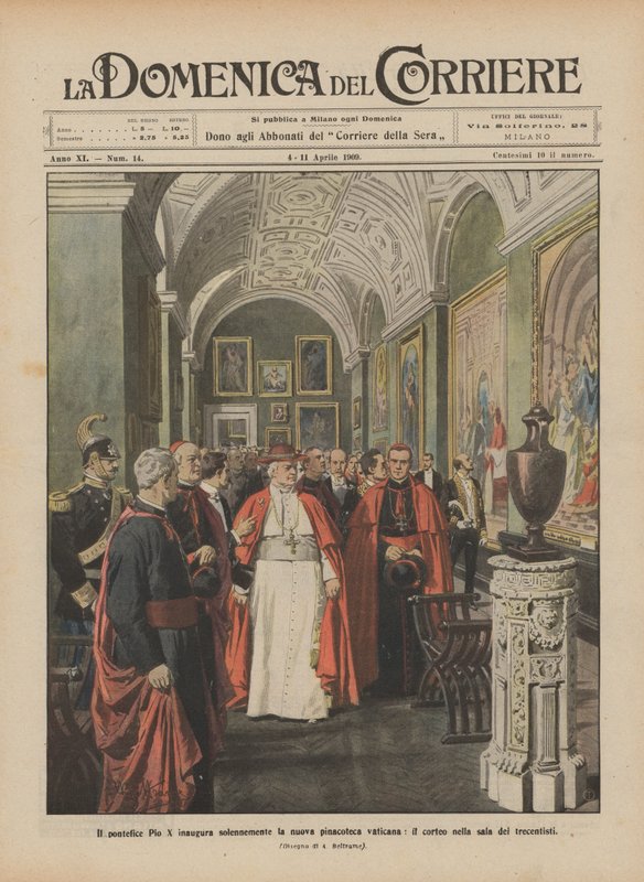 Pave Pius X innvier høytidelig det nye Vatikanets bildegalleri, prosesjonen i salen på det fjortende århundre av Achille Beltrame