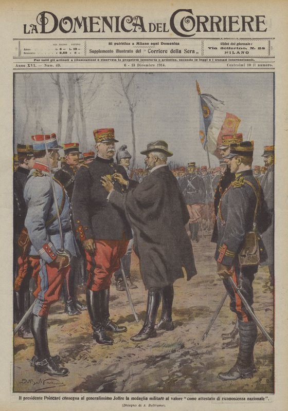 President Poincare gir Generalissimo Joffre militærmedaljen for tapperhet. Hvordan? av Achille Beltrame