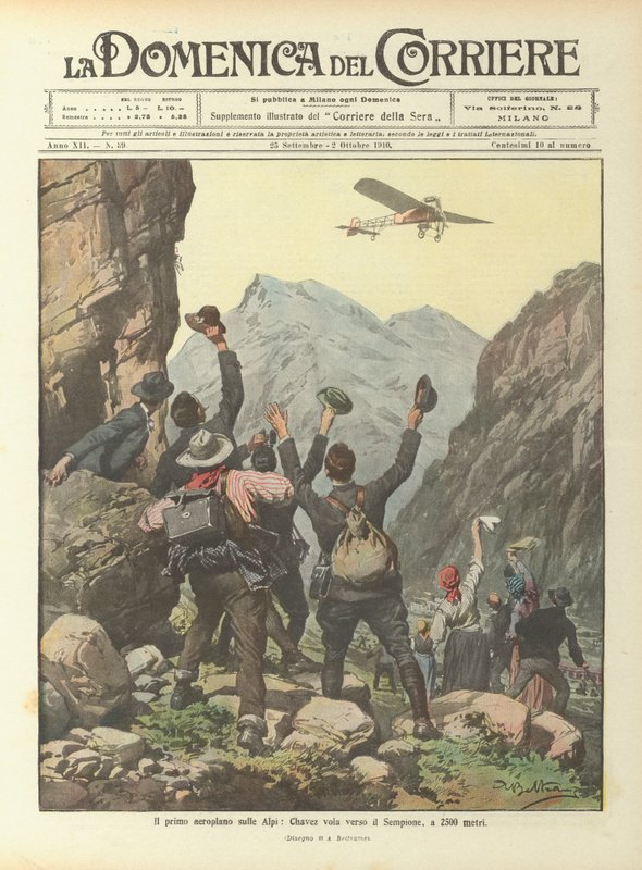 Det første flyet i Alpene, Chavez flyr mot Simplon, på 2500 meter av Achille Beltrame