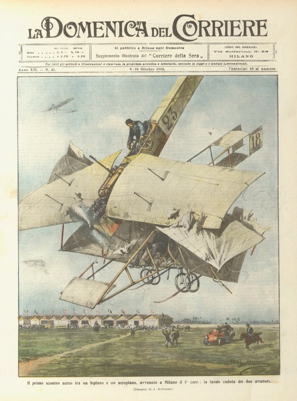 Den første flyulykken mellom et biplan og et fly, som fant sted i Milano på 1. korr? av Achille Beltrame