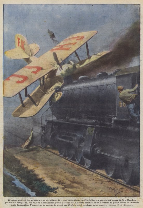 Den første kollisjonen mellom et tog og et fly av Achille Beltrame