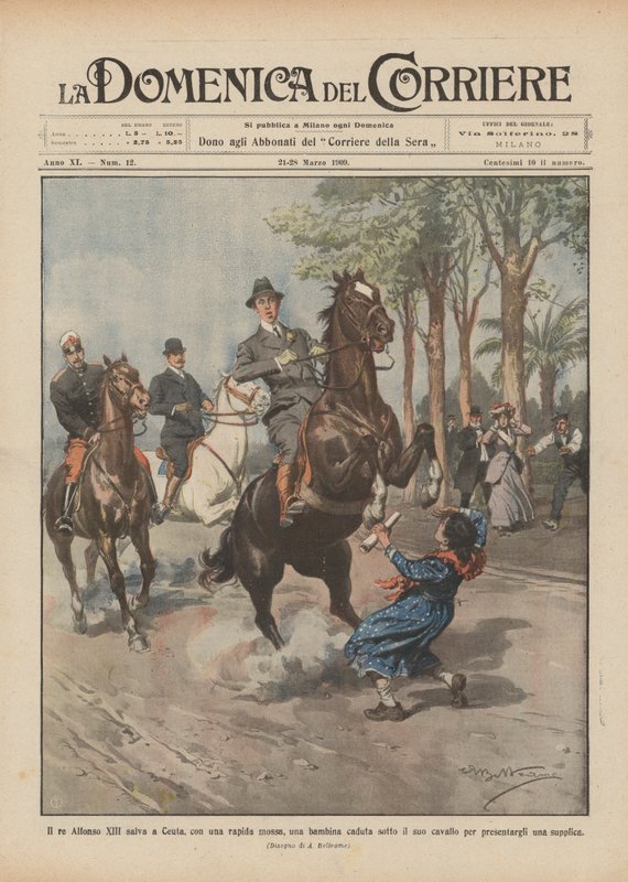 Redder kong Alfonso XIII en liten jente som har falt under hesten hans i Ceuta med et raskt trekk? av Achille Beltrame