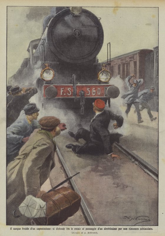 Det kalde blodet til en stasjonsmester strekker seg mellom skinnene ved passasjen av en veldig direkte rute for? av Achille Beltrame