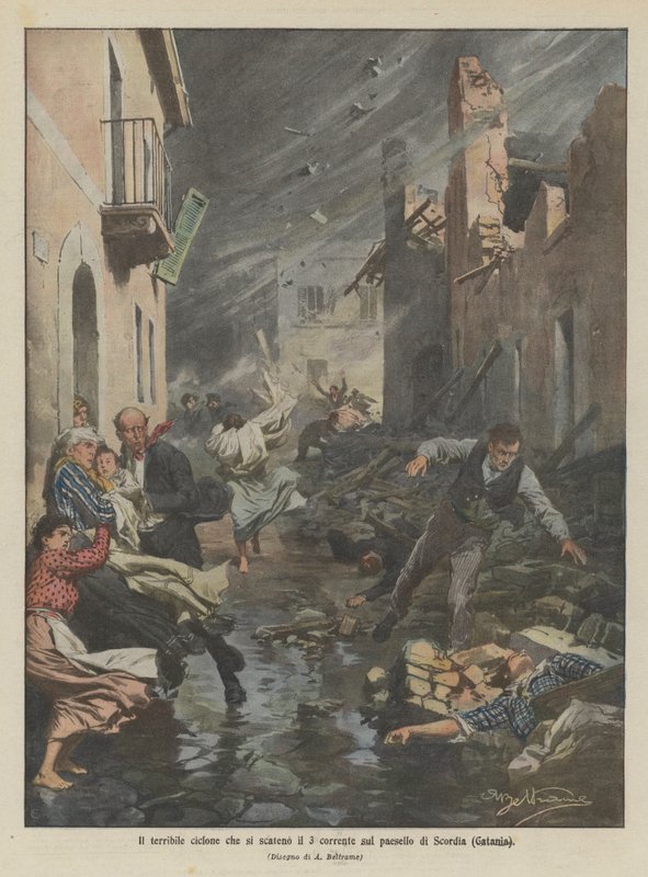 Den forferdelige syklonen som brøt ut på den tredje strømmen i landsbyen Scordia (Gatania) av Achille Beltrame