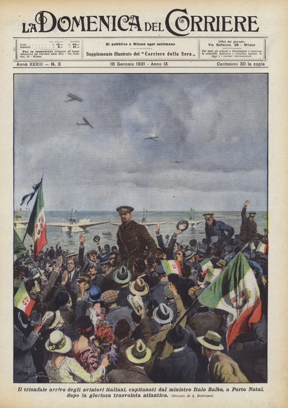 Den triumferende ankomsten til de italienske flygerne, kaptein Italo Balbo, til Porto Natal? av Achille Beltrame