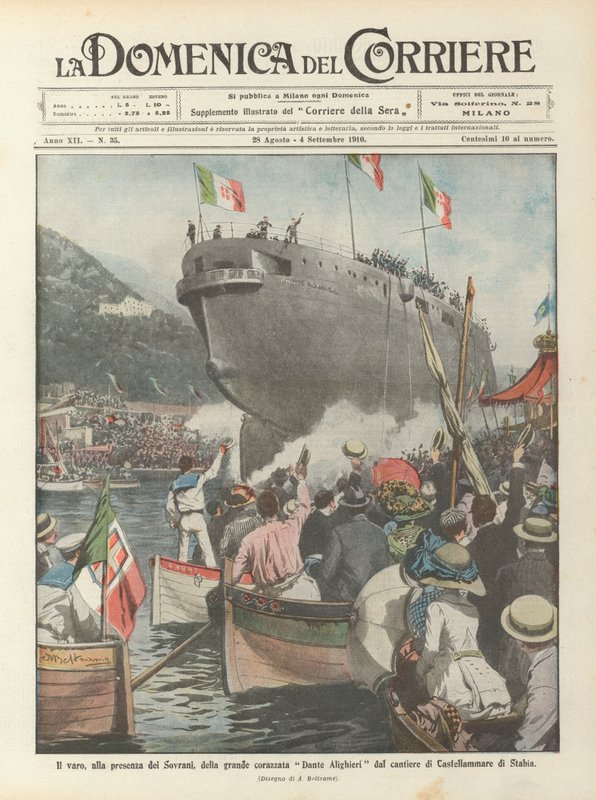 Lanseringen, i nærvær av suverene, av det store slagskipet Dante Alighieri fra verftet Castellammare di Stabia av Achille Beltrame