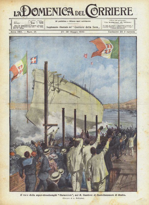 Lanseringen av super-dreadnought Caracciolo, i R Cantiere di Castellammare di Stabia av Achille Beltrame