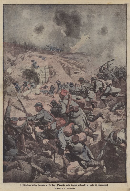 Det seirende franske kuppet i verdun, angrepet av kolonitroppene på fortet Douaumont av Achille Beltrame