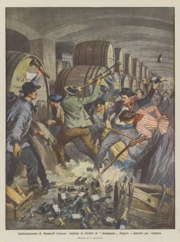 Angrep på franske vinprodusenter, tusenvis av hektoliter champagne spredt og ødelagt som hevn av Achille Beltrame