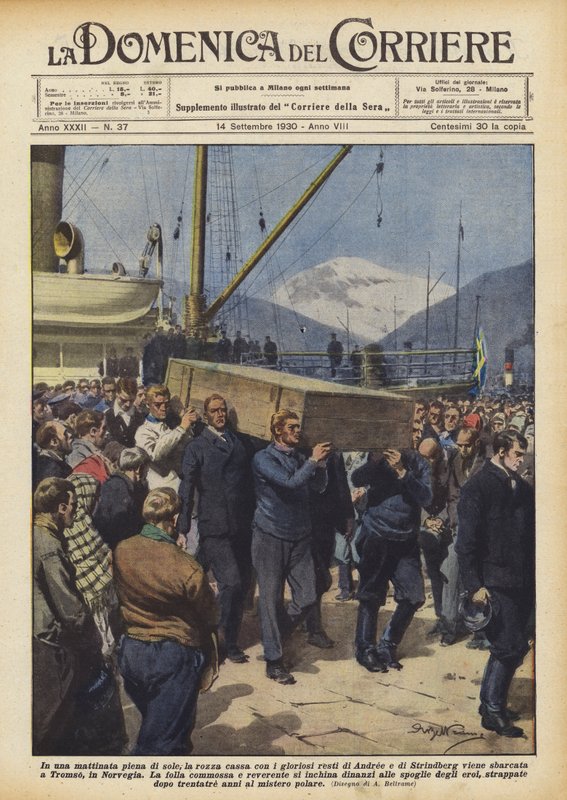 På en solrik morgen, den grove kista med de herlige restene av Andree og Strindberg? av Achille Beltrame
