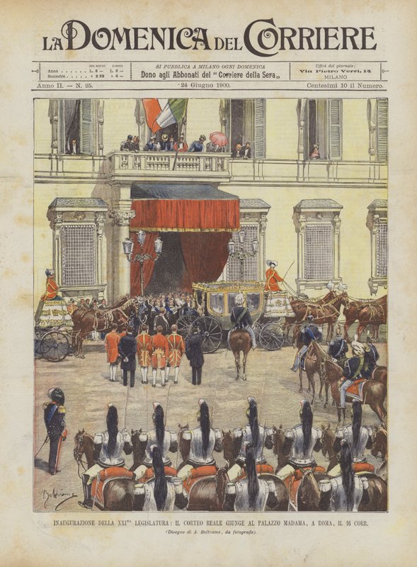 Innvielsen av den 21. lovgivende forsamling, den kongelige prosesjonen ankommer Palazzo Madama, i Roma, den 16. Corr. av Achille Beltrame