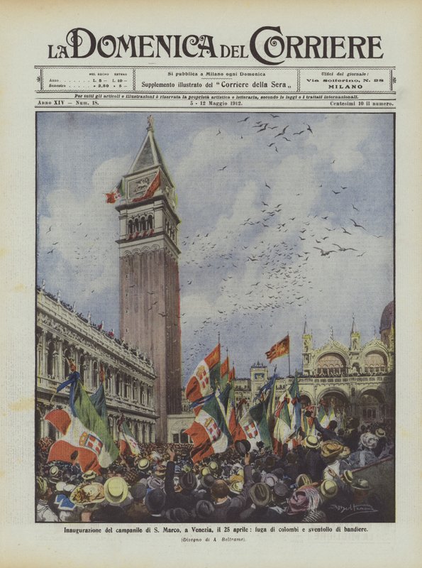 Innvielse av klokketårnet til S Marco, i Venezia, 25. april, dueflukt og flaggvifting av Achille Beltrame