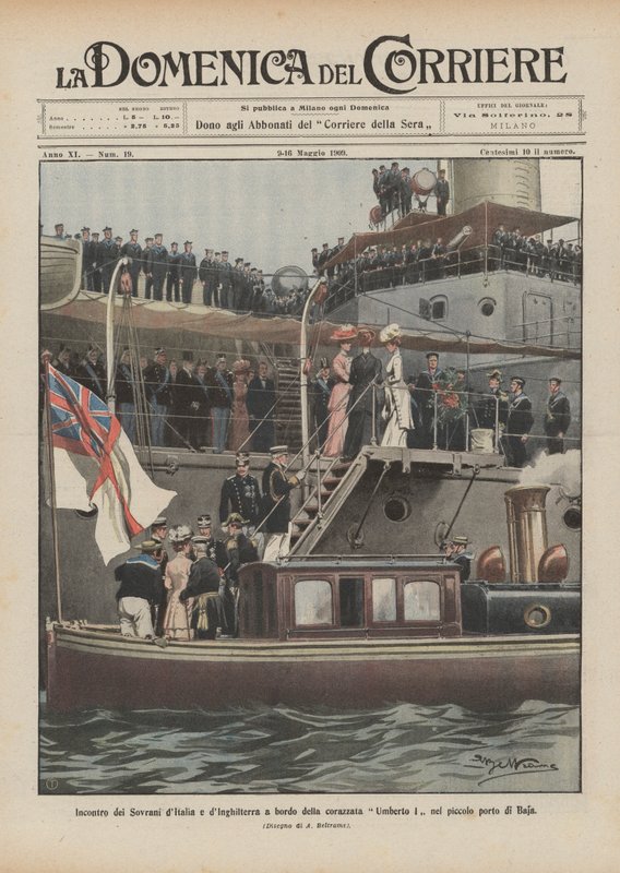 Møte mellom suverene i Italia og England ombord på slagskipet Umberto I i den lille havnen Baja av Achille Beltrame