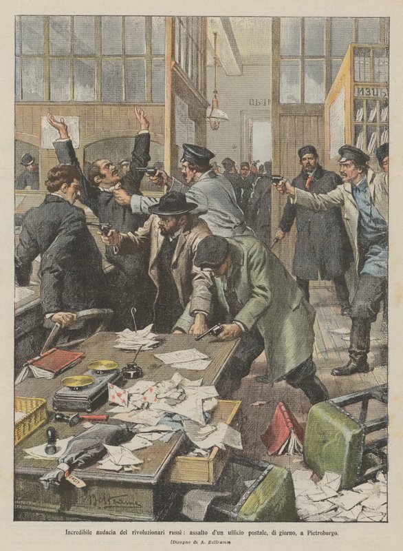 Utrolig frekkhet av de russiske revolusjonære, angrep på et postkontor, om dagen, i Petersburg av Achille Beltrame