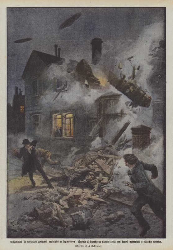 Inntrenging av tyske dirigible luftskip i England, regn av bomber på noen byer med? av Achille Beltrame