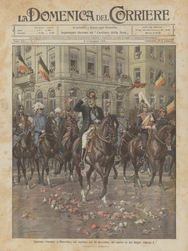 Triumferende inntog i Brussel, om morgenen 23. desember, av den nye kongen av Belgia Albert I av Achille Beltrame