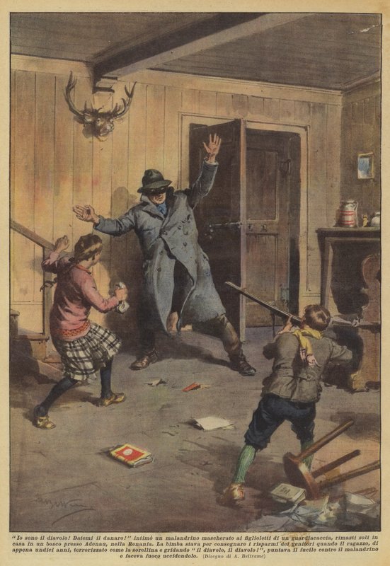 Jeg er djevelen! Gi meg pengene! intime en marauder i forkledning til barna sine? av Achille Beltrame