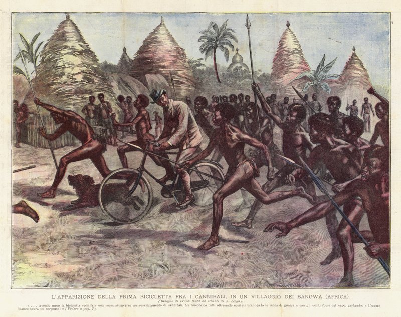 Åpenbaringen av den første sykkelen blant kannibaler, i en landsby i Bangwa (Afrika) av Achille Beltrame