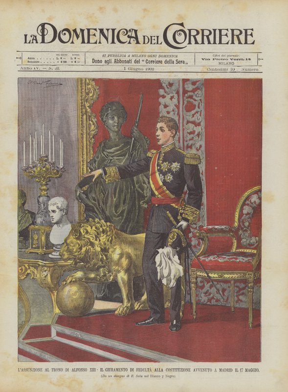 Opptakelsen til tronen til Alfonso XIII, eden om trofasthet til grunnloven som fant sted i Madrid 17. mai av Achille Beltrame
