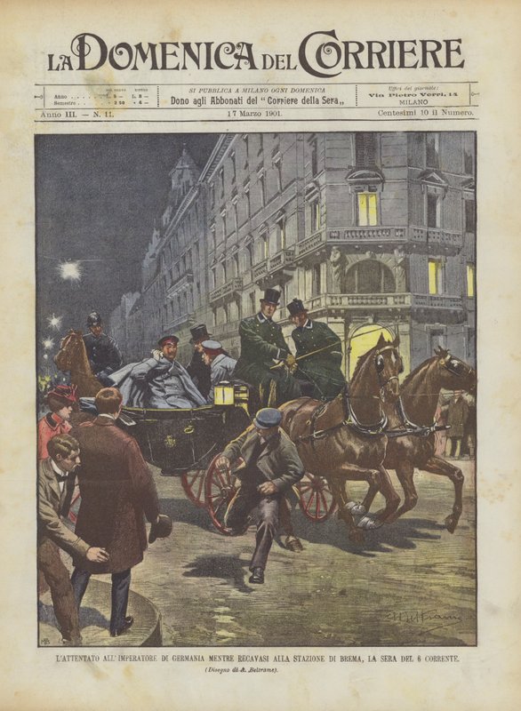 Angrepet på keiseren av Tyskland mens han var på vei til stasjonen i Bremen om kvelden den 6. strøm. av Achille Beltrame