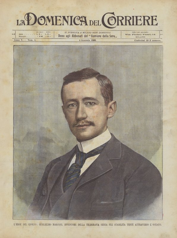 Dagens helt, Guglielmo Marconi, oppfinner av trådløs telegrafi etablerte hodet over havet av Achille Beltrame