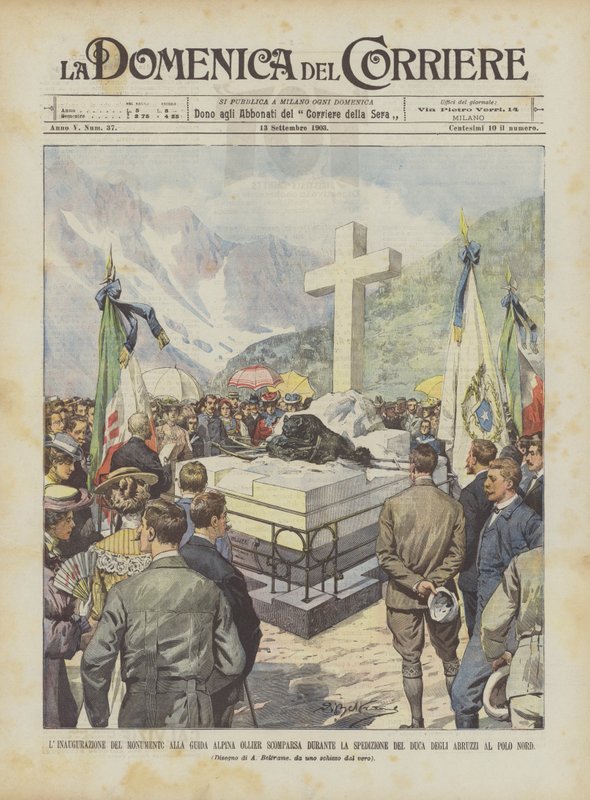 Innvielsen av monumentet til fjellguiden Ollier Hvem forsvant under hertugens ekspedisjon? av Achille Beltrame