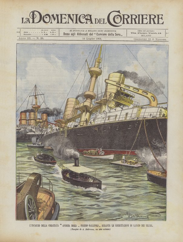 Strandingen av slagskipet Andrea Doria nær Gallipoli, under øvelsene for utskyting av torpedoene av Achille Beltrame