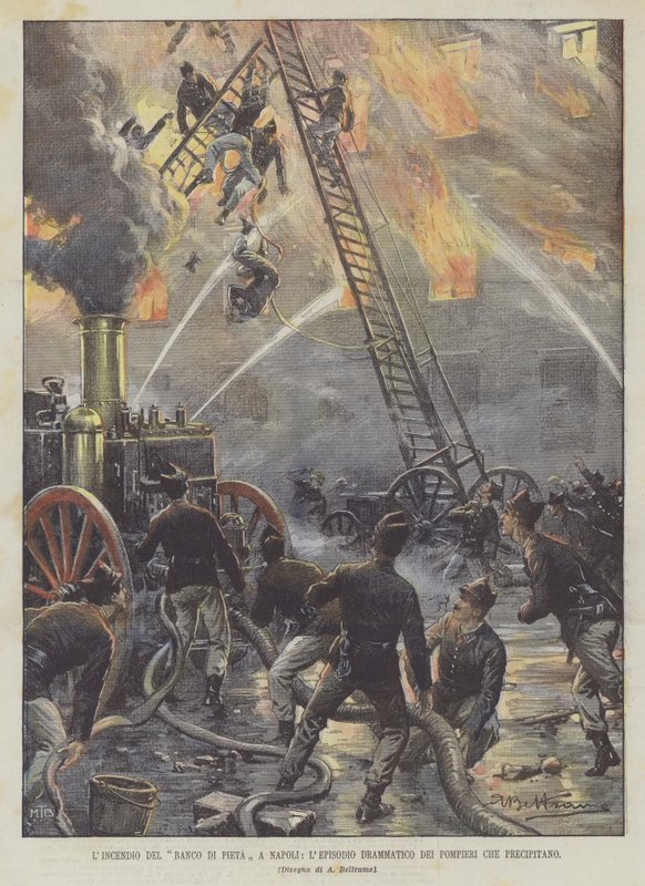 The Fire Of The Banco Di Pieta i Napoli, den dramatiske episoden av The Rushing Firefighters av Achille Beltrame