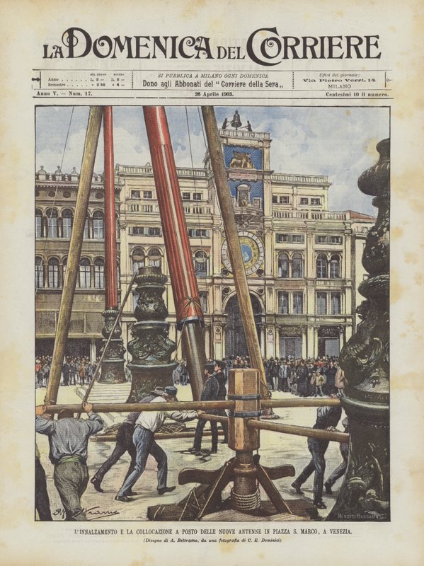 Heving og plassering av de nye antennene på Piazza S Marco, i Venezia av Achille Beltrame