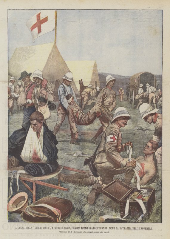 Røde Kors jobber i Modder-elven, Borders Of The Orange State, etter slaget 28. november av Achille Beltrame