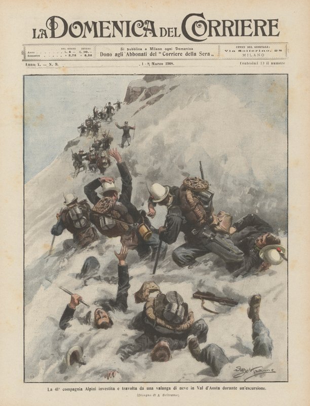 Det 41. Alpini-selskapet truffet og overveldet av et snøskred i Val dAosta under en ekskursjon av Achille Beltrame