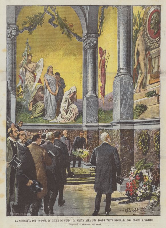 19 Corr-seremonien til ære for Verdi, besøket til gravhodene hans dekorert med bronse og mosaikk av Achille Beltrame
