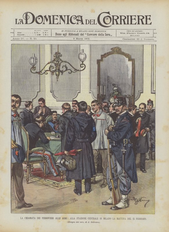 Oppfordringen til jernbanemennene til Milano sentralstasjon om morgenen 25. februar av Achille Beltrame
