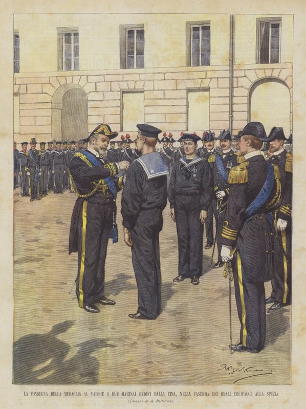 Levering av tapperhetsmedaljen til to sjømenn som returnerer fra Kina, i Royal Crews-kasernene i La Spezia av Achille Beltrame