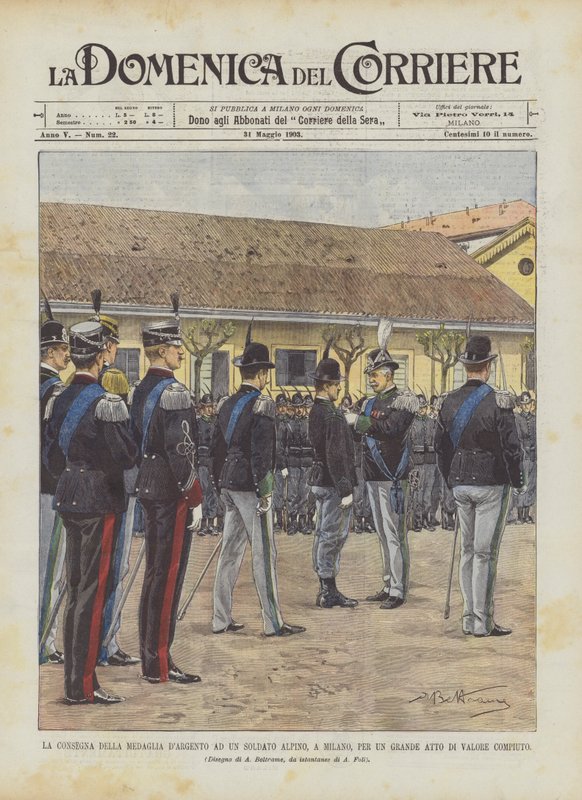 Leveringen av sølvmedaljen til en alpinsoldat, i Milano, for en stor tapperhet utført av Achille Beltrame