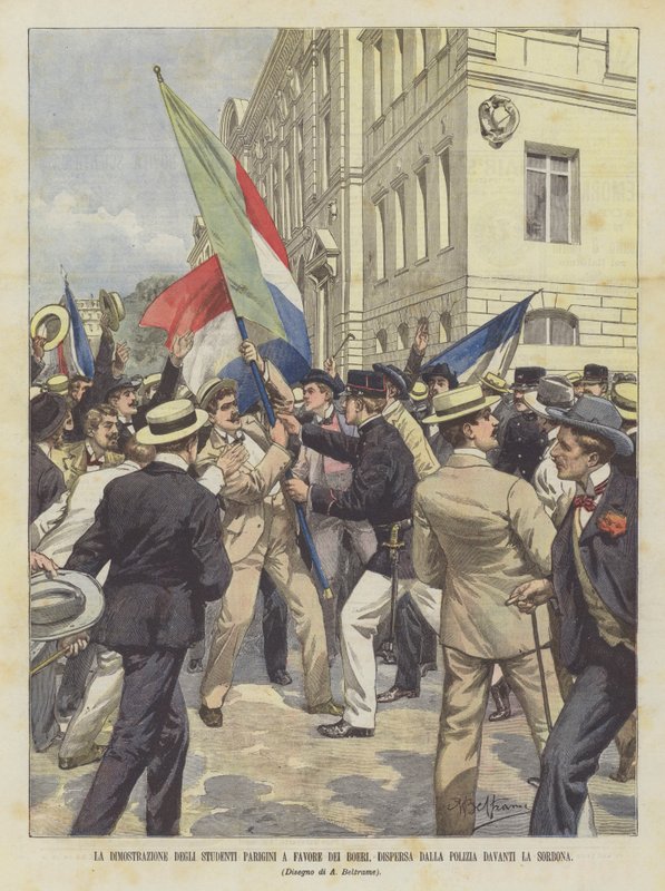 Demonstrasjonen av de parisiske studentene til fordel for boerne, spredt av politiet foran Sorbonne av Achille Beltrame