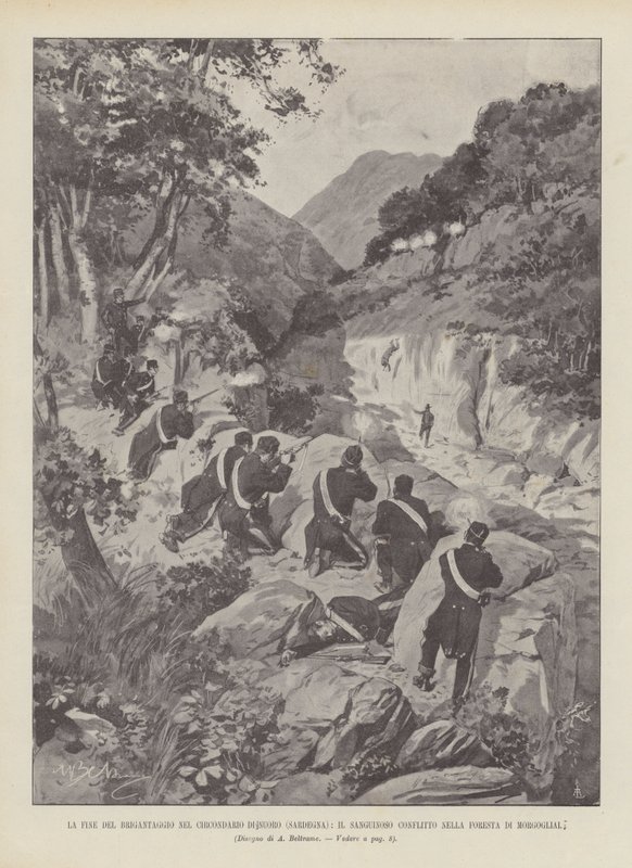Slutten på brigandage i distriktet Nuoro (Sardinia), den blodige konflikten i Morgogliai-skogen av Achille Beltrame
