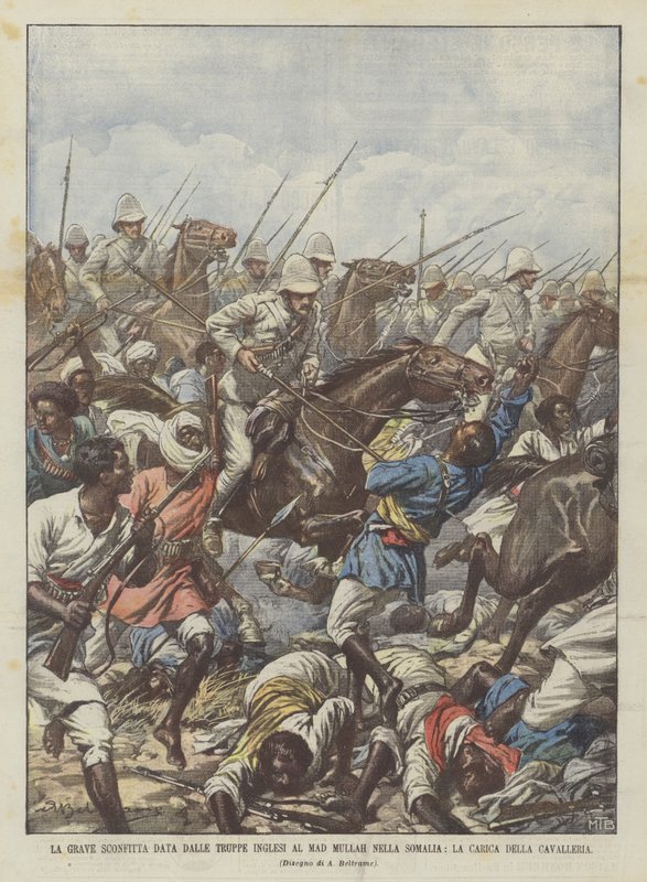 Det alvorlige nederlaget av britiske tropper til gale mullah i Somalia, kavaleriet anklager av Achille Beltrame