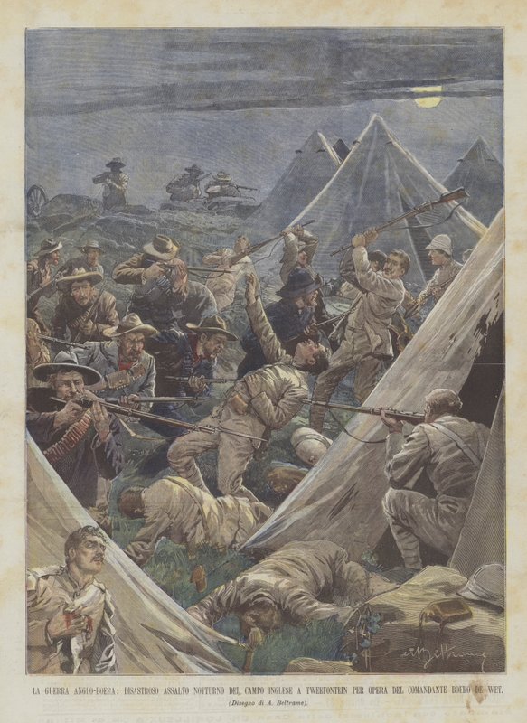 Anglo-Boer-krigen, katastrofalt nattlig angrep på den engelske leiren på Tweefontein For Opera Del? av Achille Beltrame